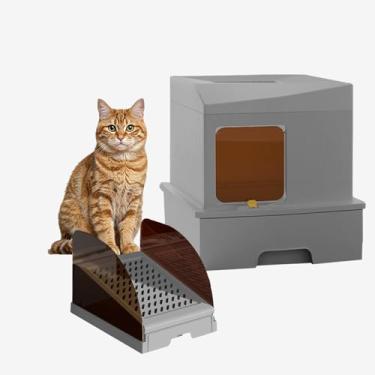 Imagem de Caixa de areia para gatos de aço inoxidável fechada com tampa Caixa de areia extragrande para gatos grandes XL Bandeja de areia de metal com gabinete lateral de parede alta, antiaderente,