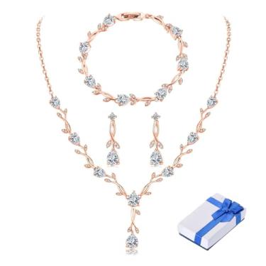 Imagem de Juicfru Conjunto de joias de prata de casamento para mulheres, colar de zircônia cúbica, brincos e pulseiras, para noiva e casamento, bijuteria para dama de honra, Ouro rosa, zircônia cúbica, Zircônia
