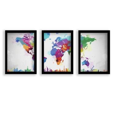 Imagem de Kit 3 Quadros Decorativos Com Molduras Pretas Mapa Artistico