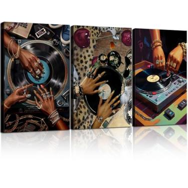 Imagem de 3 peças emolduradas Hip-Hop Dj Wall Art Disc Players Canvas Printed Records Bedroom Prints Sala de Estar Galerias Estúdio Música Pôsteres Vintage Arte Urbana Decoração Estética