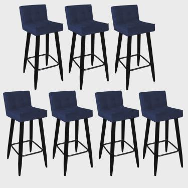 Imagem de Kit 07 Banqueta Alta Lucy Com Encosto Cozinha Bar Balcão Bistrô Pé Palito Preto Suede Azul Marinho - Ahz Móveis