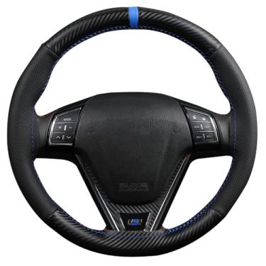 Imagem de Capa para volante, fibra de carbono fosca e couro de microfibra, costura em envoltório, ajuste universal para carros e caminhões, azul