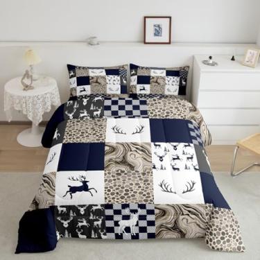 Imagem de jejeloiu Jogo de cama solteiro de veado selvagem, azul marinho, conjunto de edredom com estampa geométrica, vintage, retrô, 2 peças