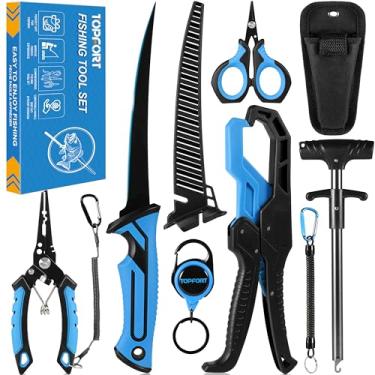 Imagem de TOPFORT Kit de ferramentas de pesca - Conjunto de acessórios de alicate de peixe de água salgada de 7 peças - Equipamento de pesca com faca de pesca, tesouras, ferramentas de remoção de gancho
