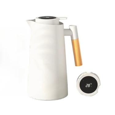 Imagem de Garrafa Térmica De Água 1000ml Com Termômetro Digital LED Para Chás Café Cabo Em Madeira Design Elegante(Branco)