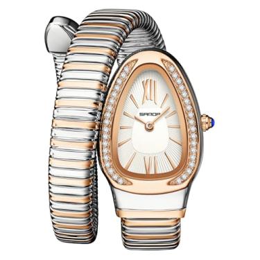 Imagem de Gosasa Relógio feminino elegante em forma de cobra, design exclusivo, bobina de cobra, vestido elegante, pulseira de diamante, relógio de pulso feminino de quartzo com mostrador de algarismos romanos