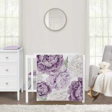 Imagem de Sweet Jojo Designs Conjunto de roupa de cama com estampa floral de lavanda e roxo, boêmio, chique, para quarto de bebê, recém-nascido, portátil, 3 peças, marfim boêmio, vintage, jardim, aquarela