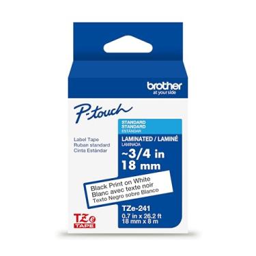 Imagem de Brother Fita P-Touch TZE-241 genuína, fita P-Touch laminada padrão de 1,8 cm, preta sobre branca, perfeita para uso interno ou externo, resistente à água, 8 m, pacote único
