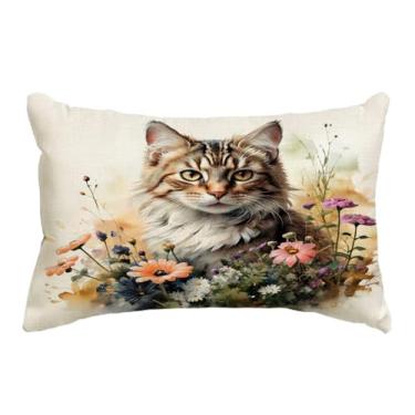Imagem de JAERUE Capa de almofada decorativa de gato com decoração floral de casa de fazenda fronhas para sofá sofá varanda pátio primavera verão capas de almofada lombar, 12×20 polegadas (marrom/laranja)