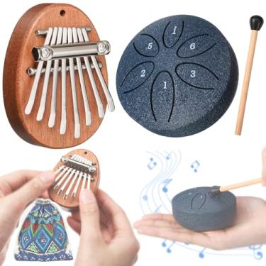 Imagem de Maasechs 2 peças mini instrumentos musicais mini kalimba e bateria de chuva com baqueta, 8 teclas, dedo polegar piano e 6 notas, tambor de aço para graduação, enfermeira, presente para adultos