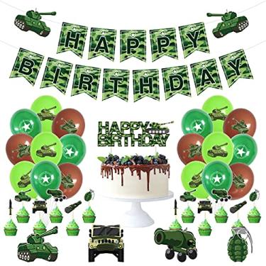 Imagem de ipalmay Decorações Para Festa De Aniversário Com Tanque - 36 Peças Camuflagem Meninos E Meninas, Faixa Alegre Camuflada, Centro Mesa Em Formato Colmeia Caminhão Militar, Topos Cupcake Tema Exército