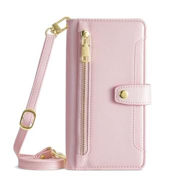Imagem de LYJSMGZ Capa de couro transversal para iPhone 16E, alça de ombro longa, carteira flip fólio, capa de telefone TPU macio, proteção interna contra choque, rosa, 16E