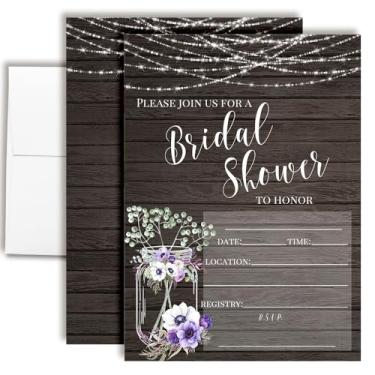 Imagem de Convites rústicos para chá de panela Mason Jar - 20 5x7 cartões de preenchimento com envelopes - Convites de chá de casamento floral country com cordão de luzes por AmandaCreation