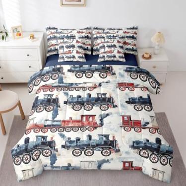 Imagem de Conjunto de edredom infantil vintage de trem a vapor – 7 peças, estampa de locomotiva, retrô, veículos ferroviários, lençol de cima + lençol com elástico + 2 fronhas + 2 fronhas