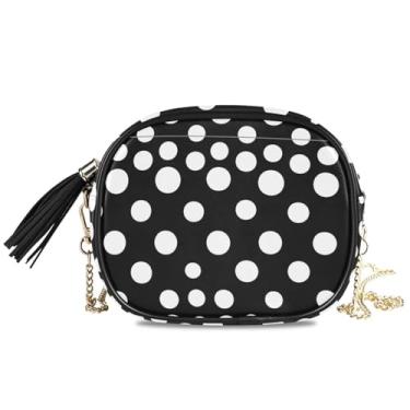 Imagem de AHOMY Bolsa transversal feminina redonda preta e branca com bolinhas bolsa circular com borla, Preto, branco, One Size