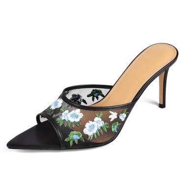 Imagem de JANSEVEN Sandálias femininas de malha de salto alto floral mules salto alto com bordado florido aberto bico fino sem cadarço confortável sapato social moderno, Preto, 36