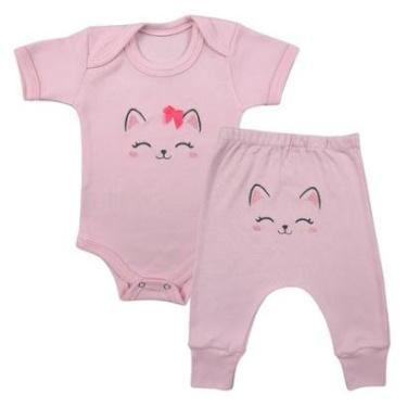 Imagem de Conjunto Body Manga Curta Bordado Gatinha e Calça Suedine Mijão Culote - Roupa Bebê Menina-Feminino