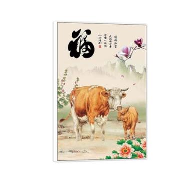 Imagem de BMZFYBS Imagens de paisagem-Chinoiserie pintura de parede em tela - flores de montanha bois - pôster de natureza impressões de moldura branca para decoração de sala de estar 40 x 60 cm 16 x 24 pol