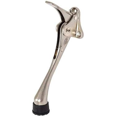 Imagem de CG PLUS Batente de porta, semiautomático de um toque – Rolha de porta de metal de 15 cm, com ponta de borracha antiderrapante para pisos de madeira, concreto, azulejo e carpete - níquel acetinado pacote com 15