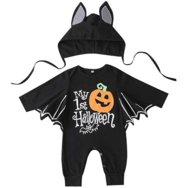 Imagem de ROYLAMP Macacão infantil bebê preto Morcego Manto Abóbora Meu 1º Dia das Bruxas Conjunto de roupas para menino menina com chapéu de orelha 3-6 meses