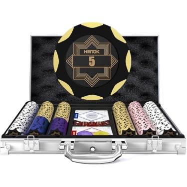 Imagem de HEITOK Conjunto de fichas de pôquer de argila para Texas Holdem, 300 peças com denominações 14 g, conjunto profissional de blackjack para cassino, um estojo de transporte de alta qualidade com estojo