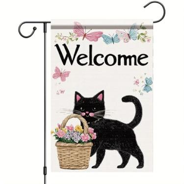 Imagem de Starlit Patio Welcome Welcome Bandeira de jardim de gato de páscoa cesta de flores bonito banner de jardim de verão com borboletas decoração externa dupla face para varanda gramado pátio casa bandeira