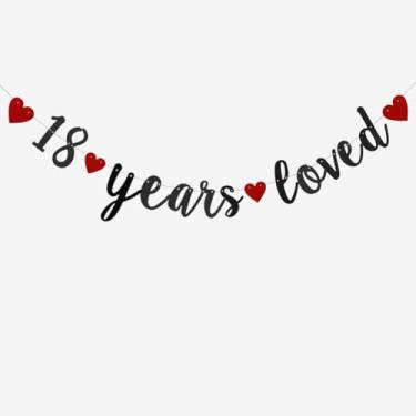 Imagem de 18 Years Loved Banner, pré-amarrado, faixa de papel com glitter preto para festa de 18 anos de aniversário de 18 anos, suprimentos de decorações de festa, sem necessidade de montagem, letras pretas