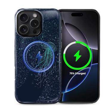 Imagem de Punmada Capa para iPhone 16 Pro Max para MagSafe, capa rígida híbrida à prova de choque de silicone protetora de corpo inteiro brilhante para iPhone 16 Pro Max estrela verde padrão devorador água-viva