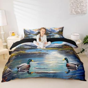 Imagem de Erosebridal Jogo de cama de pato mallard Lake Life rústico capa de edredom solteiro neve montanha floresta floresta conjunto de cama patos selvagens, verde e azul