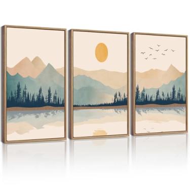 Imagem de KUVIOKE Paisagem de montanha emoldurada arte de parede aquarela natureza laker pintura sol nasce boho casa de fazenda rústica decoração de casa 28 x 35 cm (moldura natural)