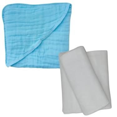 Imagem de Kit Toalha de Banho Bebê Soft com Capuz + 3 Fraldas de Ombro Brancas com Bainha 100% Algodão (Azul)