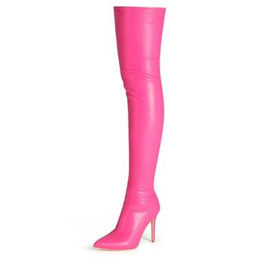 Imagem de CAMSSOO Botas Femininas Rosa Choque Até A Coxa, Salto Alto, Salto Alto, Cano Alto, Zíper Lateral, Botas De Couro, Bico Fino, Botas De Outono, Acima Do Joelho, Tamanho 9,5