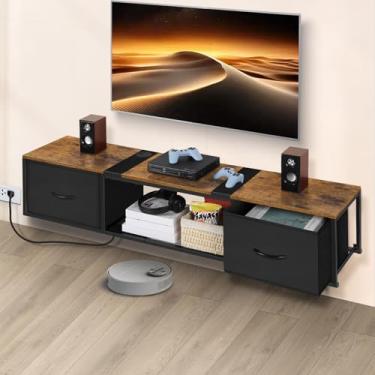 Imagem de Suporte de TV flutuante com tomada elétrica moderna montada na parede para console de TV armário com gavetas para armazenamento sob TV, centro de entretenimento, sala de estar, quarto, quarto de