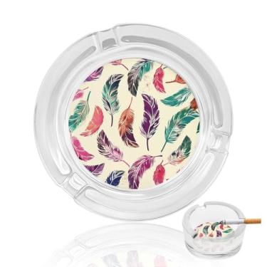 Imagem de Cinzeiro de vidro de cristal com padrão de penas coloridas, cinzeiro redondo para fumar de vidro resistente, portátil, decorativo, moderno, para uso em casa, escritório, interior, exterior, pátio