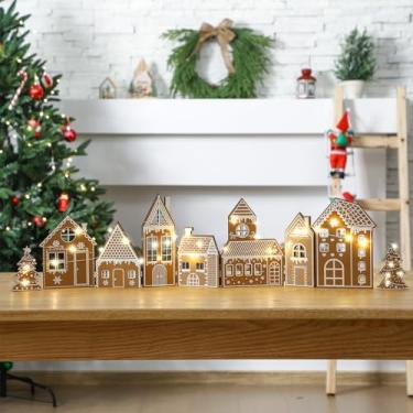 Imagem de Retisee 1 conjunto de decorações de Natal de pão de gengibre dobrável casa de pão de gengibre com luz LED e 2 peças de árvore de Natal Village decoração de casa presente para festa 19 x 15 x 6 cm (pão