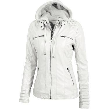Imagem de Moda Jaqueta De Couro Feminina, Capuz Removível Algodão Shacket Jacket Mulheres, White, 4XL