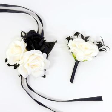 Imagem de DESUNESS Conjunto de flores de casamento com corpete de rosa e flor na lapela para homens (preto e branco)
