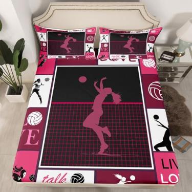 Imagem de Jogo de cama solteiro infantil de vôlei, jogador, competição, jogos, decoração de quarto de meninas e mulheres, lençol com elástico geométrico, lençol rosa, 1 fronha (sem lençol de cima)