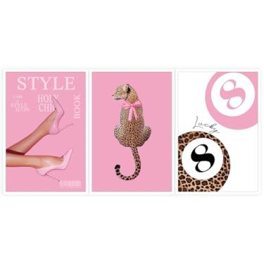 Imagem de CRTDYQU Conjunto de 3 leopardo coquete salto rosa Vogue pôster vintage revista arte rosa arcos 8 bolas sorte moderno quarto feminino decoração formal 30,5 x 40,6 cm sem moldura