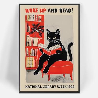 Imagem de Gato preto engraçado Wake Up And Read Wall Art Trendy Cat Reading Books Canvas Poster 1963 National Library Week Book Lover Prints Painting For Living Room Room Wall Decor 30 x 40 cm sem moldura