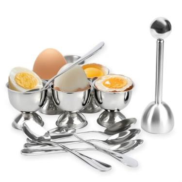 Imagem de Mulaibdin Conjunto de 6 biscoitos de ovo, 6 copos de ovo, 6 colheres e 1 cortador para ovos cozidos, ferramenta abridor de ovos de aço inoxidável para cozinha