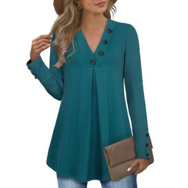 Imagem de Túnica Messic feminina, moda de outono, 2024, decote em V, ciano escur