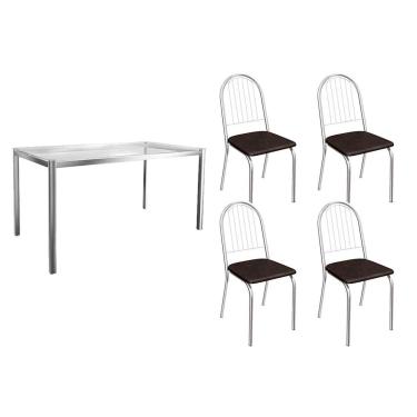 Imagem de Sala de Jantar Completa Reno c/ Tampo de Vidro 150x80cm e 4 Cadeiras Noruega Cromada/Preto 110 - Kappesberg