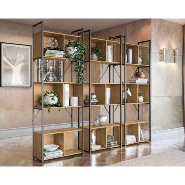 Imagem de Estante p/ Sala Industrial LI014 Kit 3 Un Aço Madeirado 72x200cm Freijo/Preto - Kappesberg