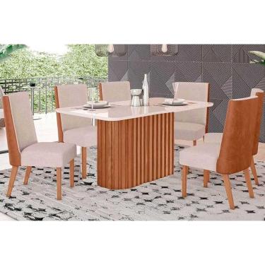 Imagem de Conjunto: Mesa Sala Jantar Solana SC68 Tampo Madeirado c/ Vidro Canto Curvo 160x90cm e 6 Cadeiras Anne Nature/Courano/Creme - Henn