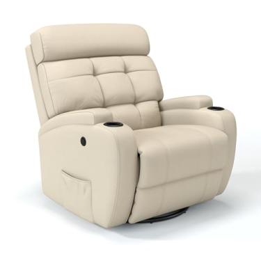 Imagem de Poltrona do Papai Reclinável Elétrica Giratória e Balanço Couro Bovino Massagem (Bege)