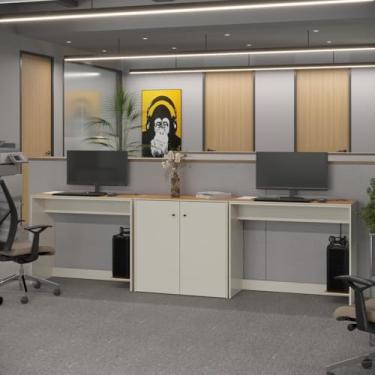 Imagem de VIA NOSSA - Conjunto de Escritório 3 Peças Smart Office 2 Mesas e 1 Aparador Buffet - Preto e Cedro