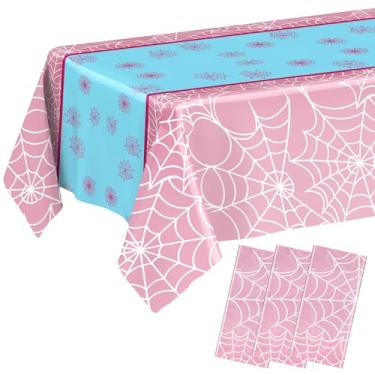 Imagem de Preboun 3 peças de toalha de mesa de festa de aniversário de aranha 137 x 272 cm toalha de mesa rosa azul teia plástico desenho animado lembrancinhas de festa para tema clássico de filme fantasma