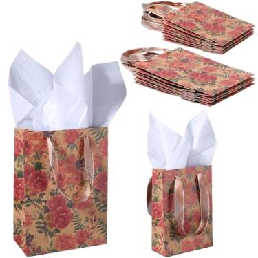 Imagem de Beebeecraft 8 peças, 2 tamanhos, sacos de papel floral com alças 20 x 10 x 28 cm, sacos kraft com tecido vintage estampa de flores silvestres para casamento, festa de aniversário, presente