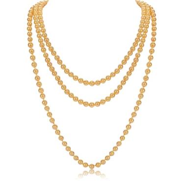 Imagem de GHGMAO Colares de pérolas longas para mulheres, colar de pérolas falsas de ouro de 150 cm, colar de pérolas longas para festa de casamento, bijuteria Gatsby dos anos 20